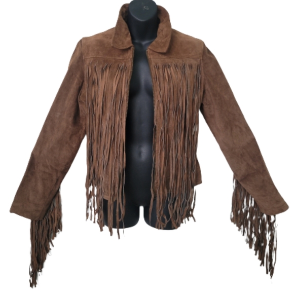 Rampage Festival Suede Leather Fringe Jacket Size Large Chocolate Brown - Picture 3 of 9